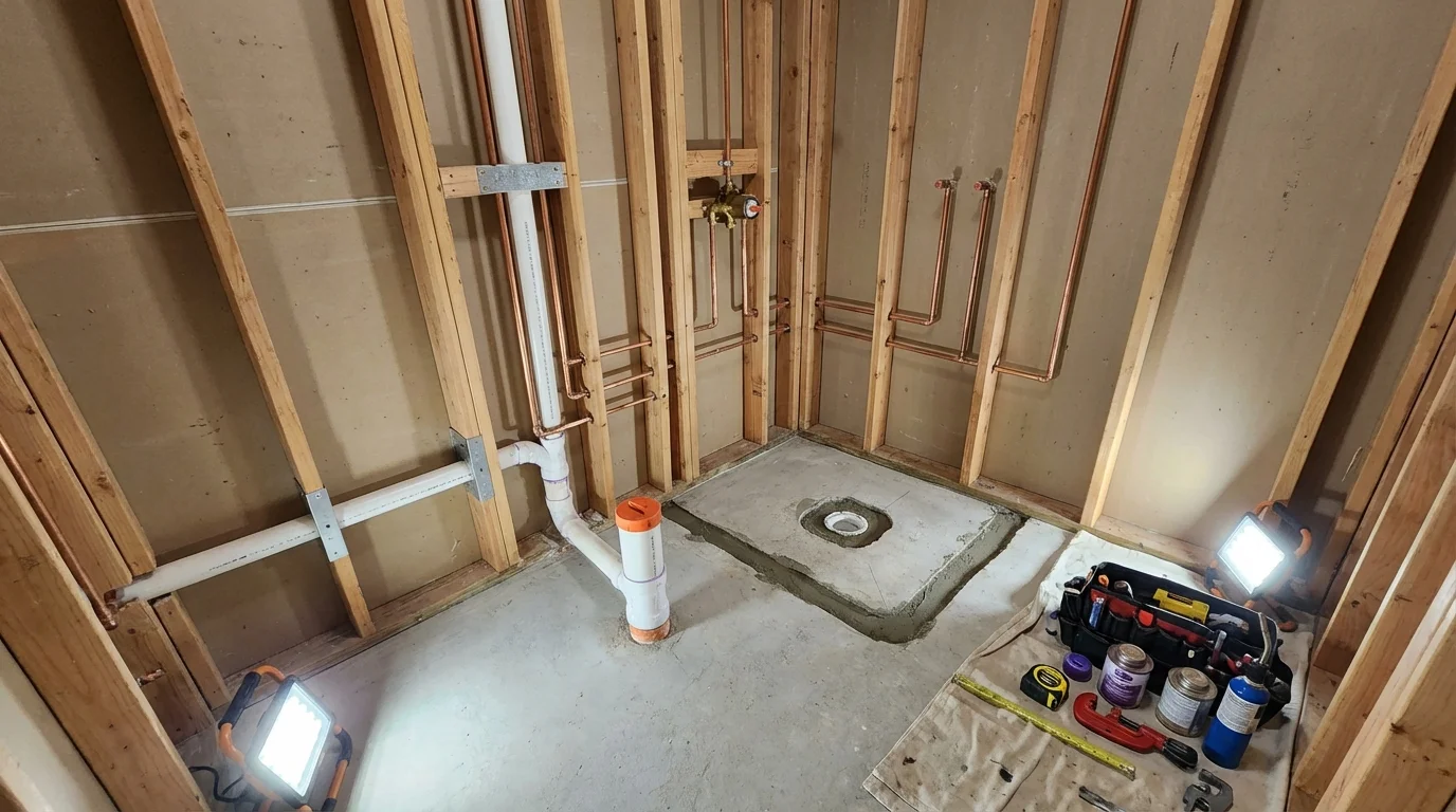 Bathroom rough-in plumbing during remodel by Johns Plumbing LLC in Goodhue