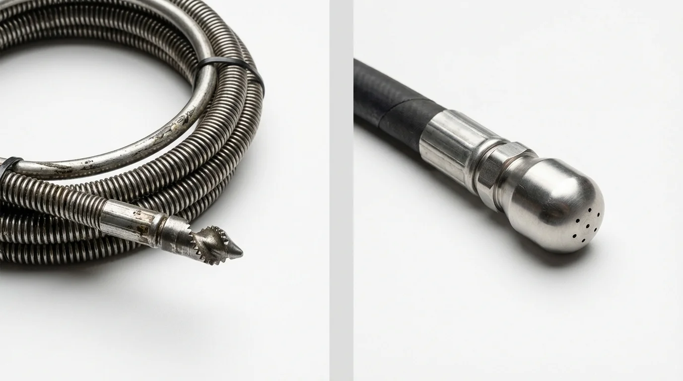 Drain snake cable and hydro jetting nozzle used for drain cleaning in Goodhue, MN