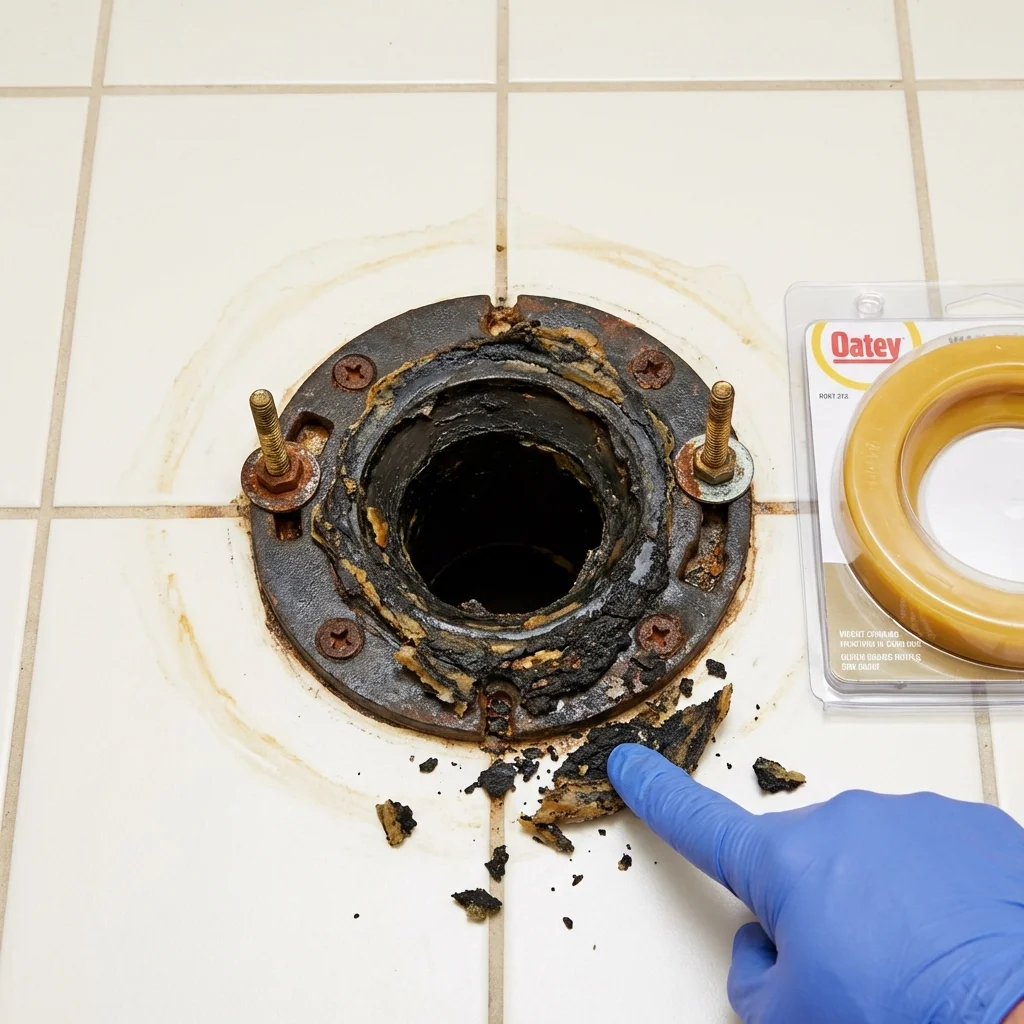 Failed wax ring showing water seepage at the base of a toilet in a Goodhue, MN home
