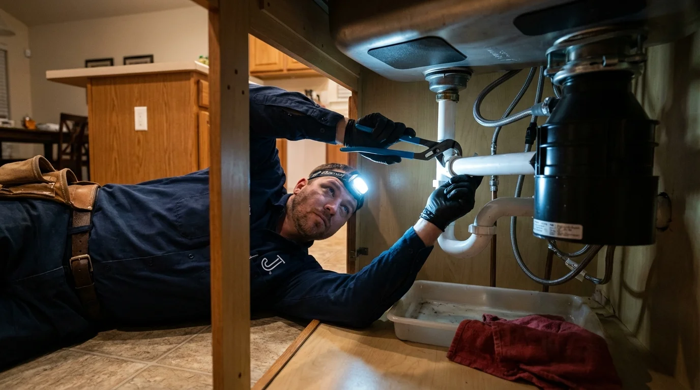 P-trap and supply line connections under a kitchen sink showing a common leak point in Goodhue, MN